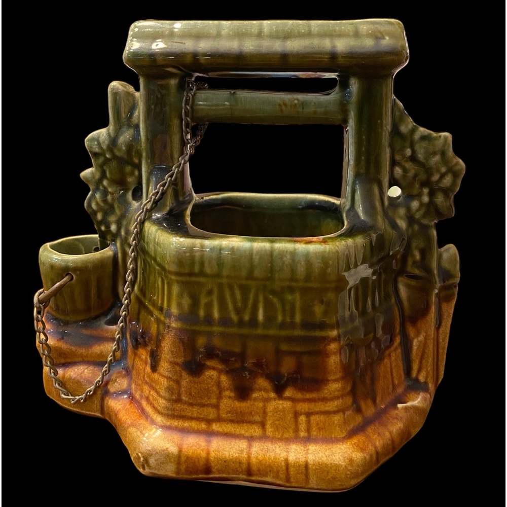 Vintage McCoy Pottery Ceramic Wishing Well Planter Green Brown Glaze EVC